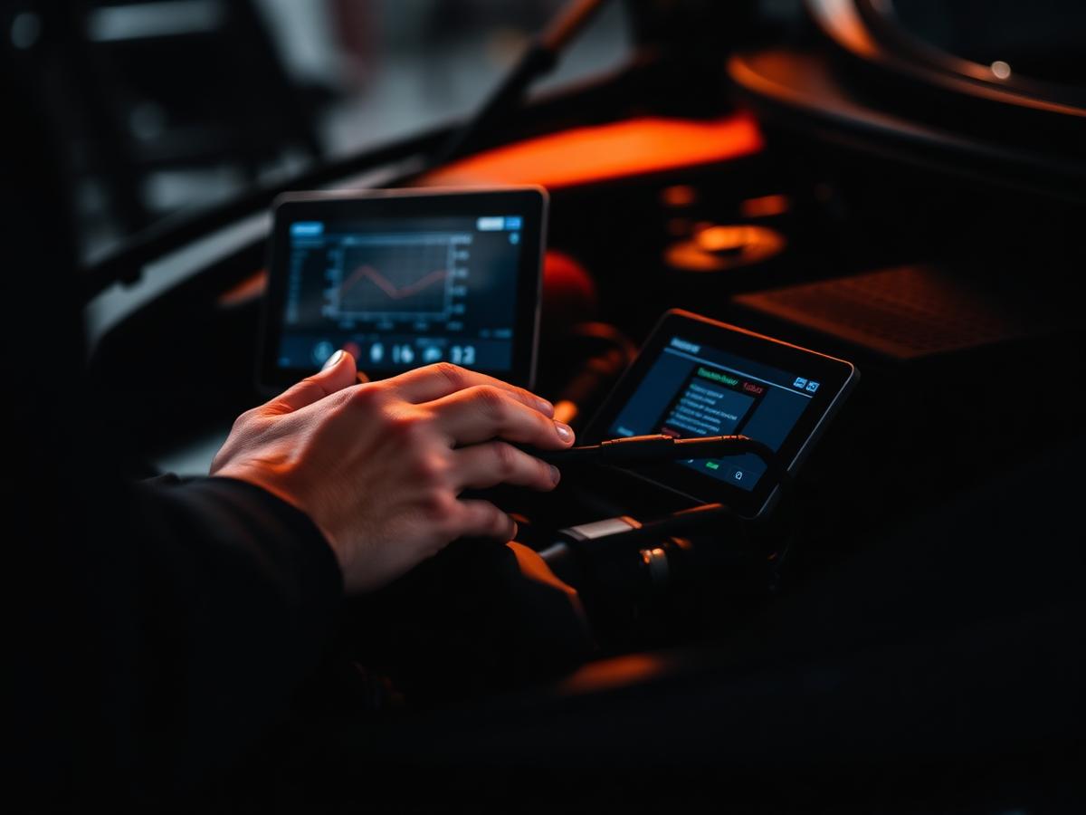 A CN Motors technician running a diagnostic scan on a vehicle's engine bay